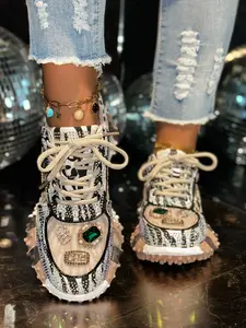 Women's Thick Sole Sport Shoes with Rhinestone Details, Fashion Casual Sneakers, Embroidered Design, Perfect for Daily Wear, Glitter Design Sneakers