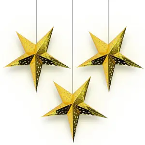 3-PACK Gold Starry Night 26" Illuminated Paper Star Lanterns Hanging Decorations