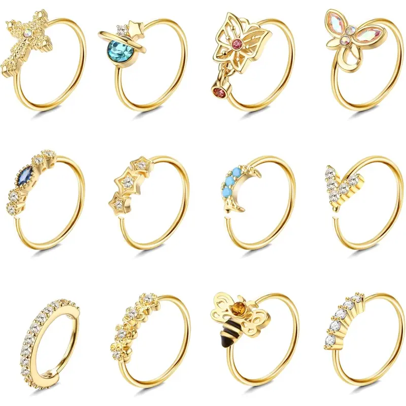 12 Pieces Decorative Nose Hoop Rings, 20-Gauge Surgical Stainless Steel Dangle Nose Rings for Women, Cartilage Earring, Ear and Body Piercing Jewelry