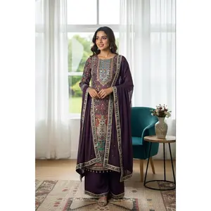 Rajwadi Print Purple 3 Piece Suit