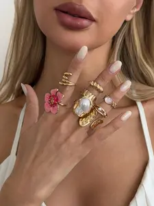 Spring Sakura Gold Ring Set, Pearl Mother-Of-Pearl Texture, Girl Heart Stacking Open Rings, 8 Piece Jewelry Collection, Stackable Rings