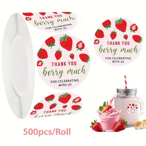Cute Strawberry Thank You Stickers Roll, 500pcs Fresh Fruit Decorative Adhesive Labels, Ideal for Party Favors, Gift Wrapping, Cake Decoration & Crafting