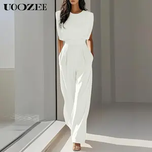 UOOZEE Women's Minimalist Solid Color Sleeveless Overalls - Polyester-Spandex Style Women's Clothes with Round Neck, Waist Cinch, Slight Elasticity, Slimming Wide Leg, Comfortable Fit for Thin Figures