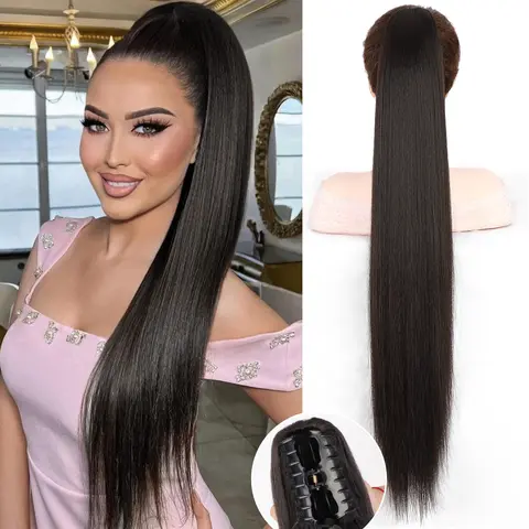 Women's 30in Claw Ponytail Hair Extensions - Long Straight, Natural Soft Silk, Tangle-Free, Cost-Effective, Easy to Wear, Extra Hair Volume, Natural Black, Classic Casual Clip-In for Daily & Party Ponytail Hairstyles