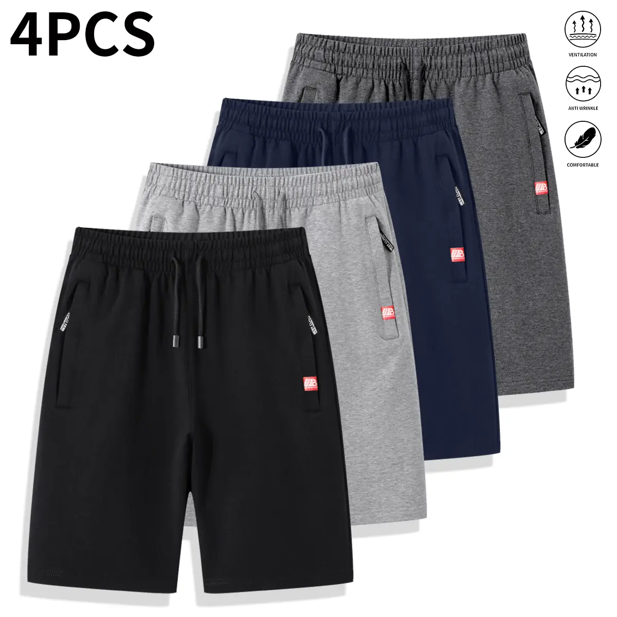 Set of 4 men’s summer shorts featuring a drawstring, elastic waistband, and wrinkle-resistant fabric—perfect for everyday wear, street style, skateboarding, and camping activities. Men's shorts, summer shorts,summervibes