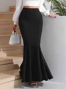 Women's Solid Color Ruched Mermaid Skirt, Elegant Fashion Long Skirt for Party Dating, Ladies Bottoms for All Seasons