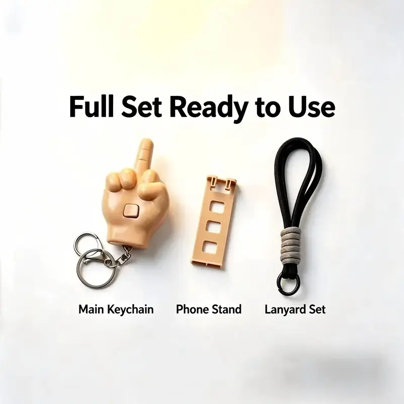 Retractable middle finger prank pendant 3-piece set, press-type keychain with uniquely designed mobile phone holder, personalized backpack pendant suitable for daily use