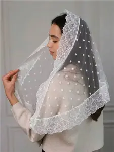 Polka Dot Pattern Triangular Shape Scarf with Geometric Lace Design, Hollow Decoration, Classic Lace Headband Shawl, Elegant Daily Wear Accessory