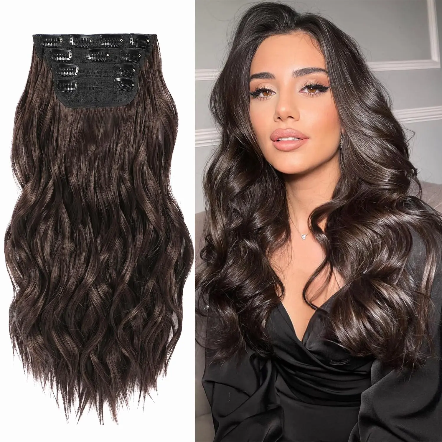 Clip in Chocolate Brown Hair Extensions, Naturally Soft Hair & Blends Well Light Brown Hair Extensions, Double Weft Long Wavy Thick Hairpieces for Women, 4Pcs Synthetic Hair Extensions(20Inch)