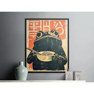 Retro Frog Ramen Poster, Frog Eating Ramen Print, Ramen Noodles Wall Art, Quirky Kitchen Decor, Japanese Inspired Poster, Unique Wall Art Abstract Face Design Decoration Items