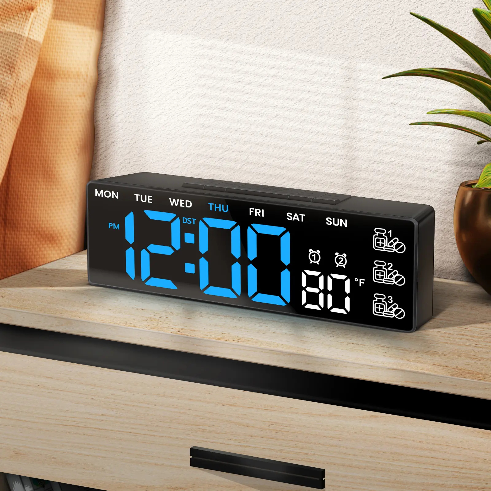 7-in Plastic Rectangle Digital Dementia Clock for Elderly - Home Supplies, Alarms & Temp, Large Numbers Clock, Dimmable Display, Wall/Desk Use, AAA-Compatible, 3 Reminders, Auto-Dimming, Temperature, Date, Auto DST, Large Calendar, Decor Gift, No Magnets