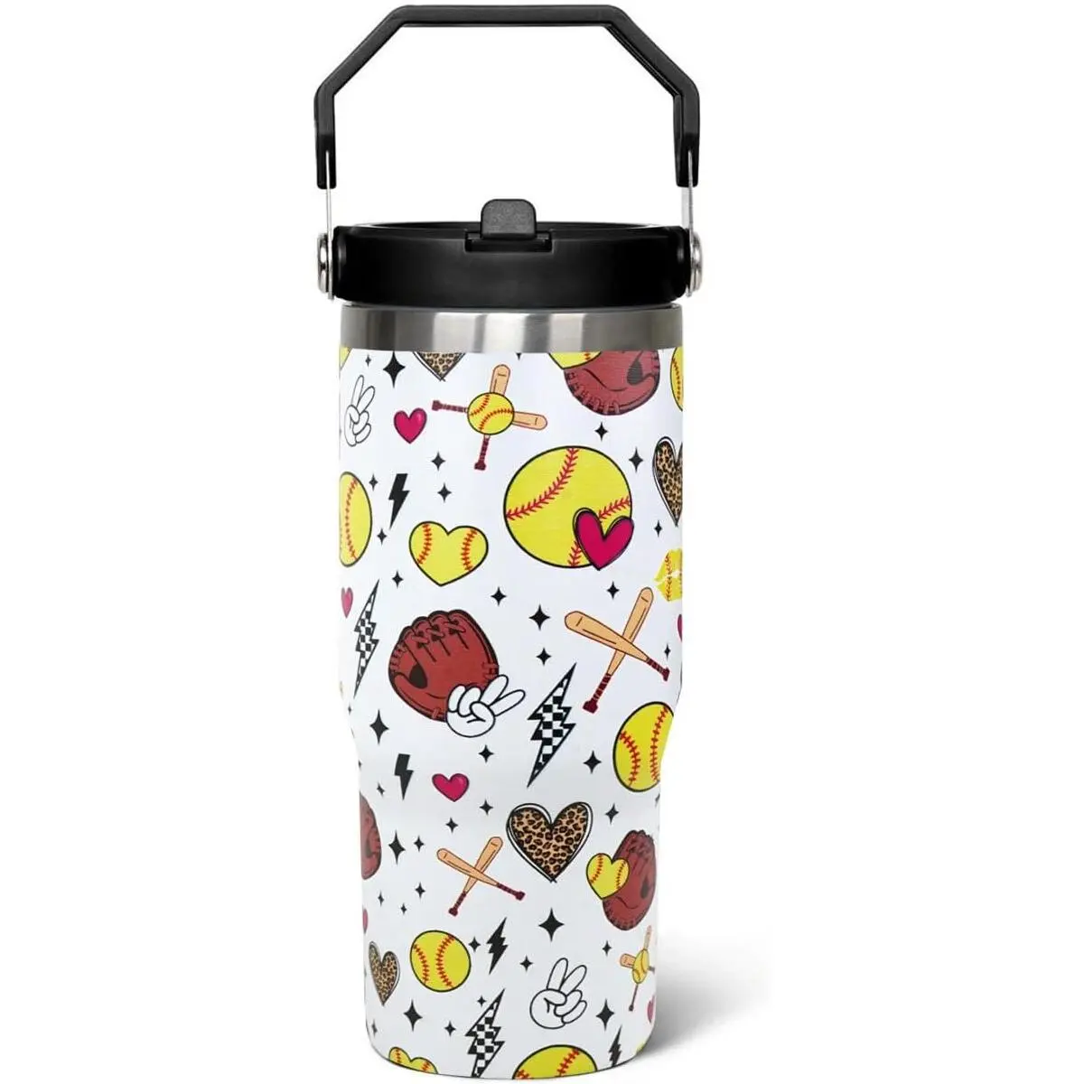 30oz Stainless Steel Insulated Transparent Softball Flip Tumbler with Handle Lid - Reusable Stylish Casual Cup with Straw, Portable Kitchenware for Teenage Girls' Housewarming/Birthday Gift, Classic Drinkware