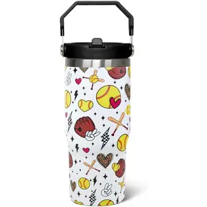 30oz Insulated Transparent Softball Flip Tumbler with Handle Lid - Reusable Coffee Cups, Straw-Included Portable Kitchenware Mug for Women’s Birthday Gift