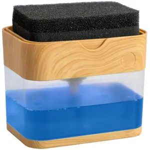 Dish Soap Dispenser and Sponge Holder for Kitchen Sink, Waterproof Labels and Sponge Included, 13 Ounces, Plastic, Bamboo