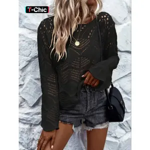 Women’s plain hollow-out sweater, casual long-sleeve pullover for daily wear, ladies’ knitwear for all seasons, tops