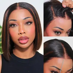 Put On and Go Yaki Straight Highlight Mix Color Short Bob Human Hair 4x4 Closure Wig Human Hair 180% Density Pre-Cut Lace Pre Bleached Tiny Knots Glueless Wig Highlight Natural Hair  100% Human hair