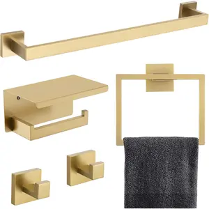 5- Bathroom Hardware Set 23.6 Inch  Towel Bar Set Towel Bar Towel Ring Coat Hook and Toilet Paper Holder with Shelf Wall Mounted Stainless Steel Bathroom Accessories Set