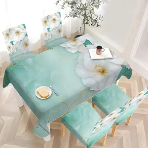 5pcs/7pcs Tablecloth and Chair Cover Set, Teal Marble with White Floral Printed Combo, Stretch Chair Slipcover Set for Dining Table Decoration, Marble Pattern Design Perfect for Dining Room, Kitchen and Banquet, 2D Flat Printing