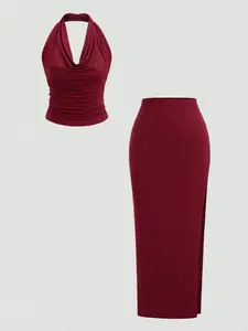 Elegant Women's Classic Halter Backless Top with High Waist Slit Skirt Set, Stylish for Special Occasions, Perfect for Date Nights and Parties