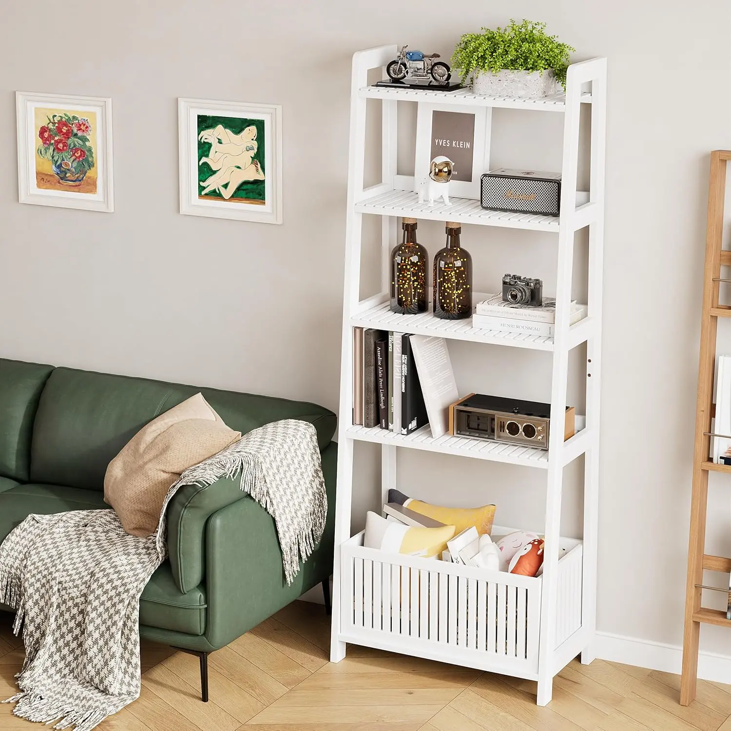 White Bookshelf with Slatted Basket, Ladder Bookcase with 4 Display Shelves and 1 Open Storage Basket, Multifunctional Storage Rack Organizer for  Office, Bedroom, Living Room, 66" H