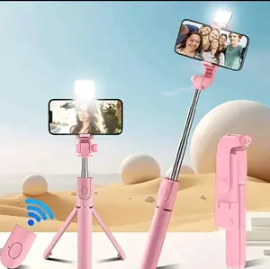 Non-Rechargeable LED Selfie Stick Tripod with Wireless Bluetooth Remote Adjustable Extendable Phone Stand with Fill Light for iPhone & Android Portable Mini Tripod for TikTok Vlogging Live Streaming Travel & Selfies