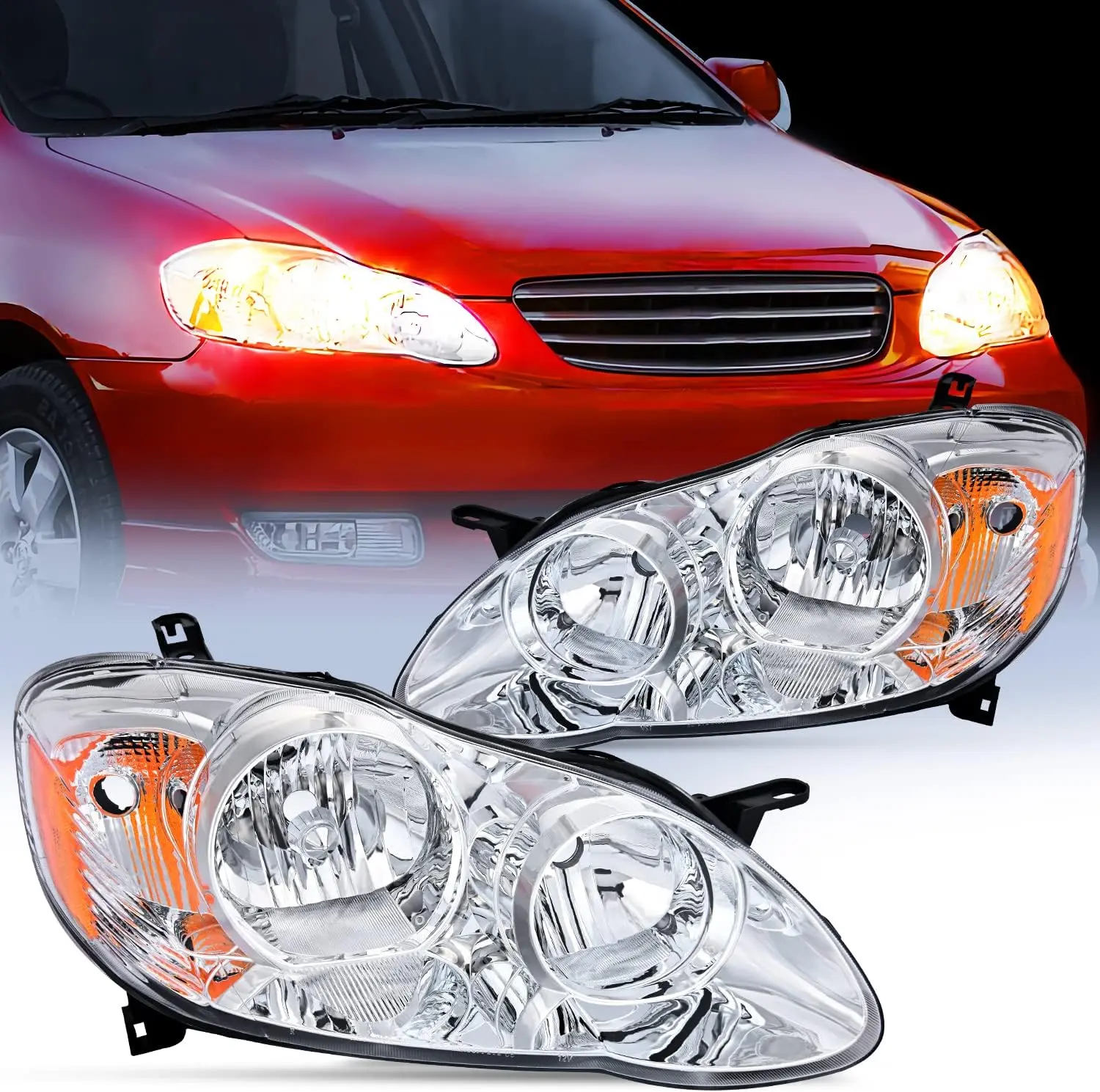 Nilight 1-Pair Car Lighting Headlight Assembly for 2003-2008 Toyota Corolla, Chrome Housing with Amber Reflector, IP65 Leakproof Silicon Headlamp, Wide Illumination, Fogless Shock-Resistant Car Exterior Upgrade (Driver+Passenger Side)