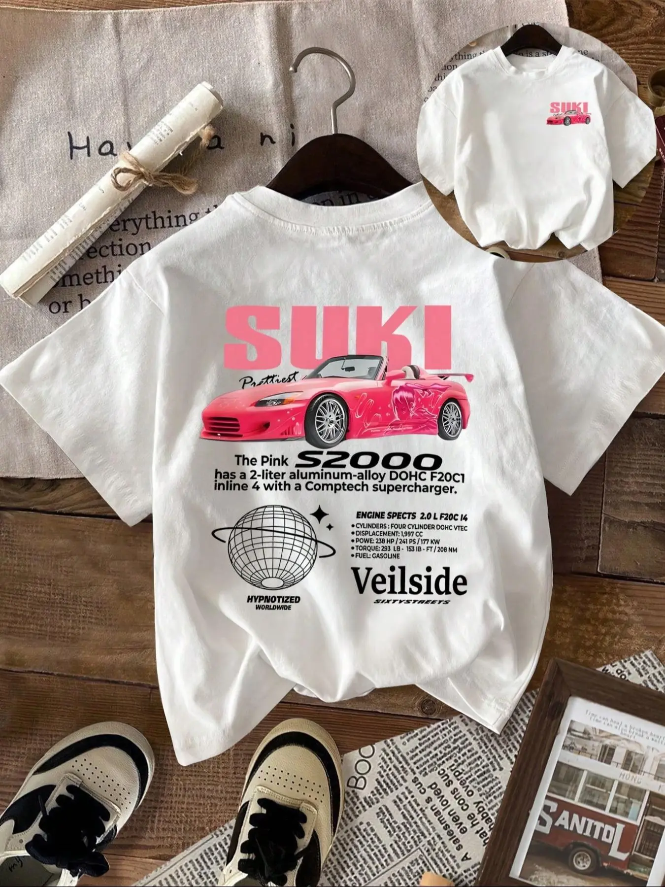 Women's Suki Car Print Round Neck Tee, Casual Loose Tee, Vintage Fashion Casual Streetwear Crew Neck Short Sleeve T-Shirt for Daily Holiday Vacation Outdoor Wear, Womenswear Ladies Clothes for Summer, Casual Chic Top, Custom Graphic Tee