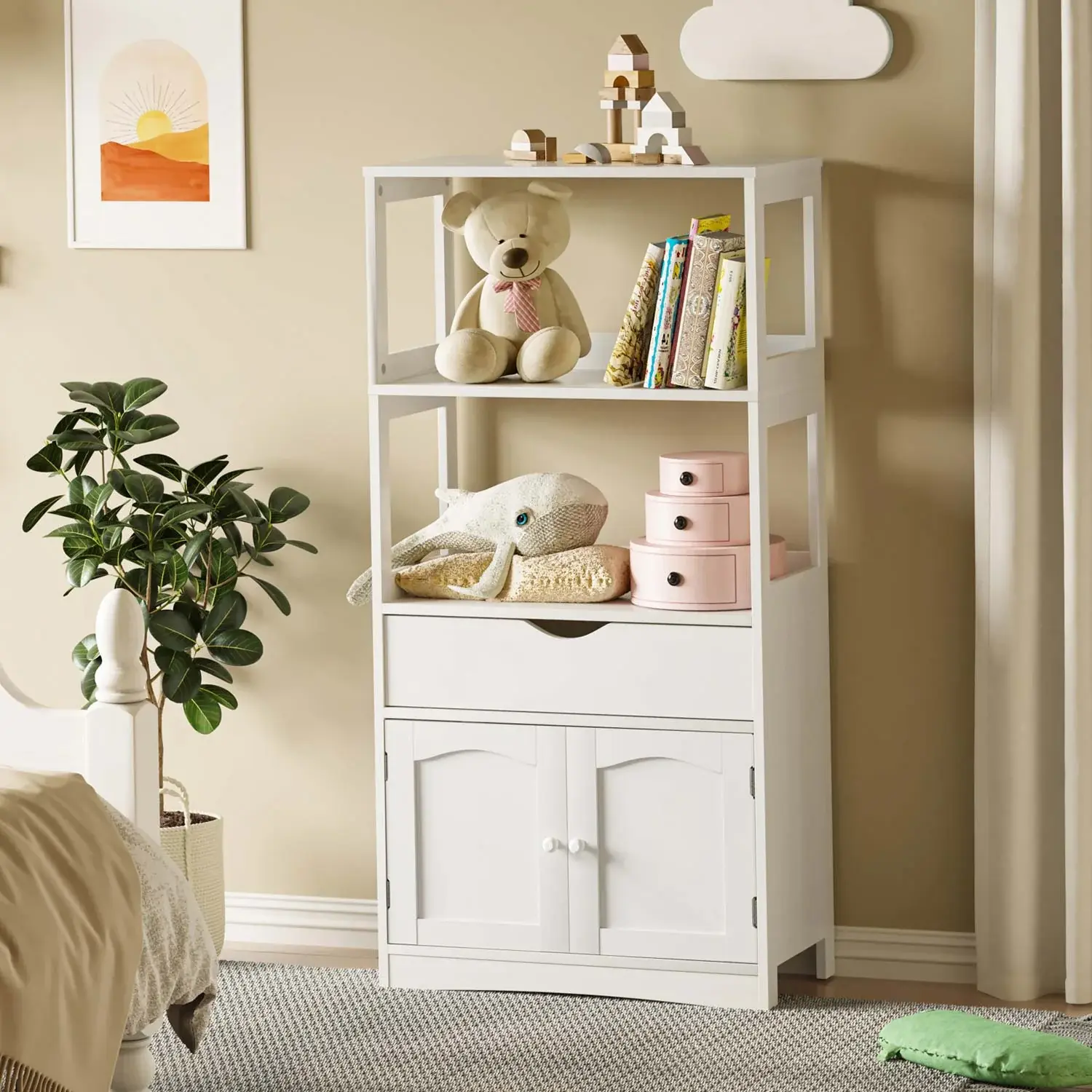 SIKAIC White Kitchen Pantry Cabinet with Microwave Shelf, Storage Cabinet with Doors and Shelves for Kitchen and Dining Room