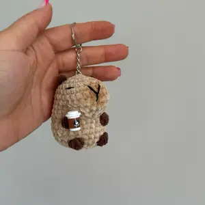 Capybara Keychain for Bag or Phone Adorable Crochet Design with Coffee Cup Charm Perfect for Bags and Phones