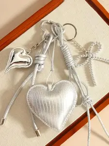 Heart-Shaped Bow Woven Rope Pendant Keychain - Silver Heart Series Bag Hanging, Keychain, Bag Hanging Accessory - Bright Face Heart Pendant With Bow And Woven Rope, Silver Bead Bow