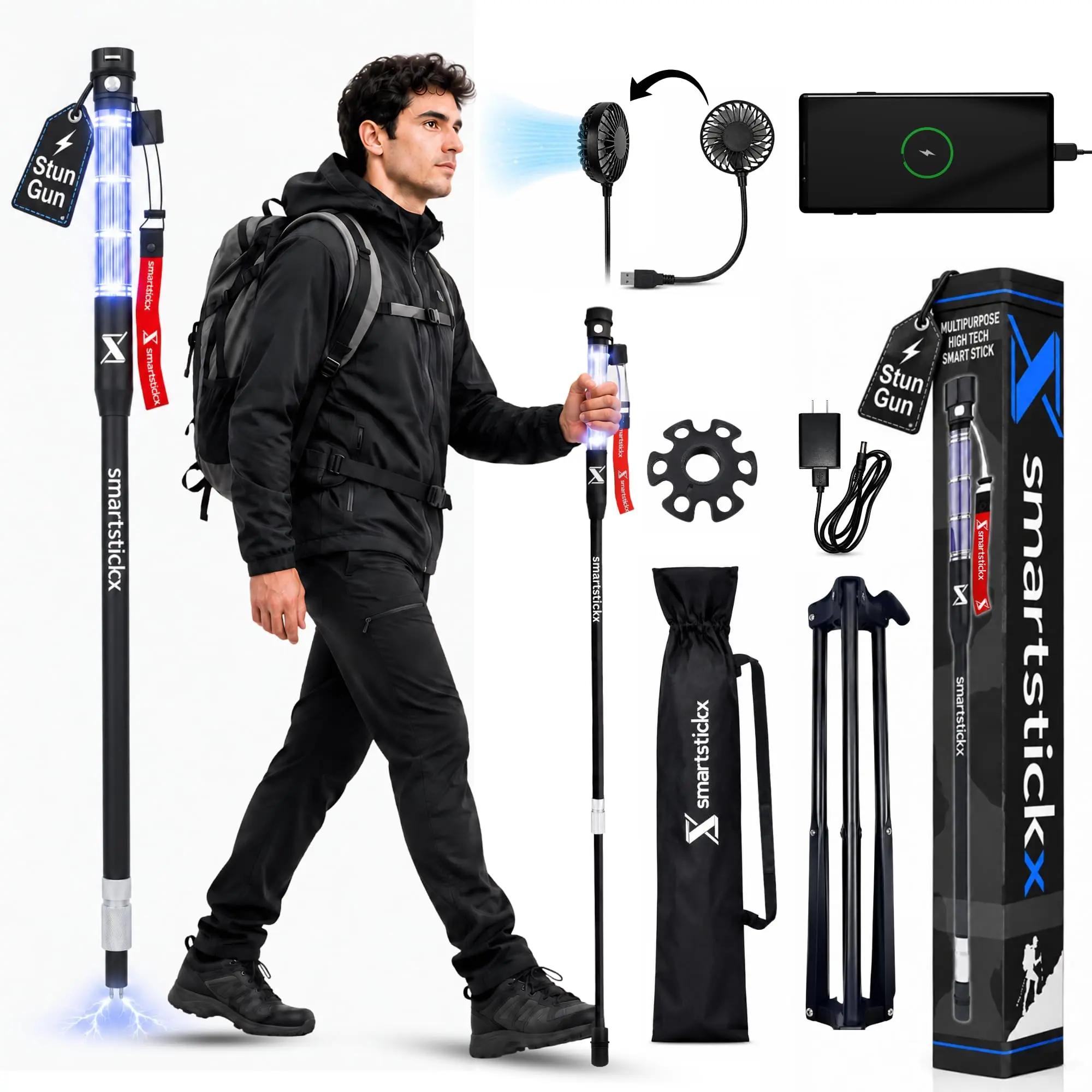 SmartstickX Tactical Walking Stick with Stun Gun - The Ultimate Self-Defense, Light & Power Companion for Every Adventure