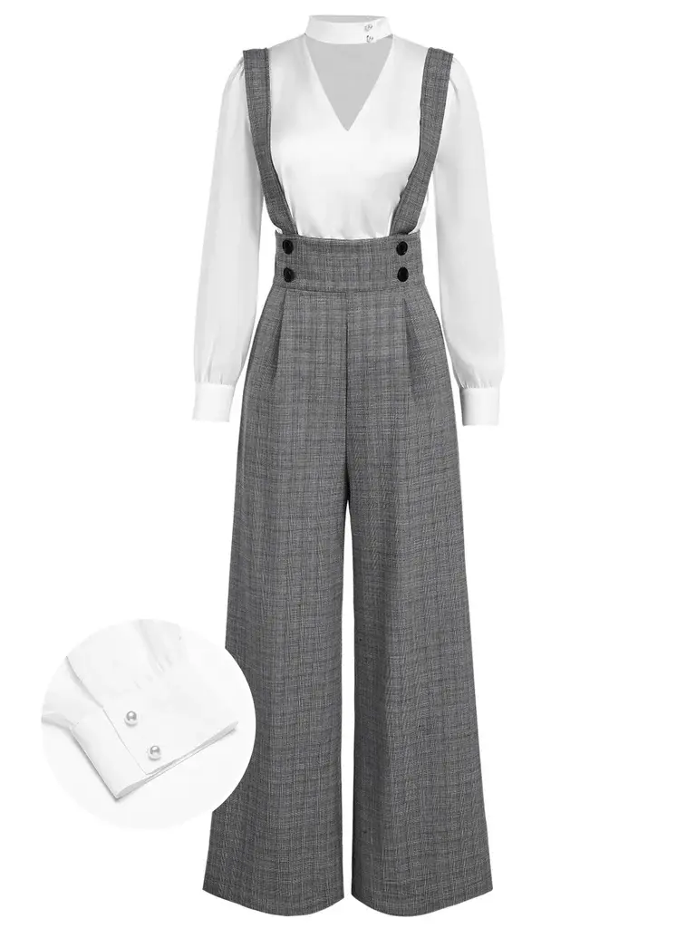 RETRO STAGE Women's 2-Piece 1940s Satin Long Puff Sleeve Blouse & Strappy Glen Plaid Ankle-Length Overall Pants Set, Women's Clothing Set, Long Sleeve, Lady, Ready To Wear, Tunic Length, Fashion Pants Set