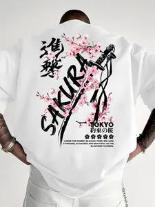 Men's Letter Cherry Blossom Samurai Sword Print Casual Round Neck Short Sleeve T-Shirt, Summer Outdoor Sports Top, Fitted Style