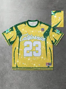 🔥Y2K Glitter Mesh California 23 Jersey | Vintage Streetwear | Rhinestone Sparkle Football Tee | Oversized Hip Hop Top for Men/Women | TikTok Viral Retro Sporty Aesthetic | Breathable Net Fabric