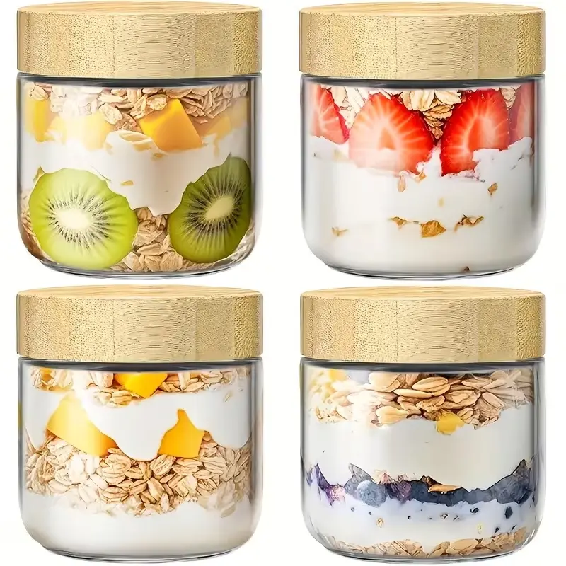 4pcs (10oz/16oz) Glass Cups with Lid, Nighttime Oatmeal Containers, Glass Food Storage Jars for Yogurt, Chia Seed Snacks and Spices, Food Storage Containers, Kitchen Organization, Durable Glassware, Meal Prep Containers