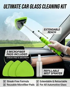 Car Glass Cleaning Kit - Extendable Windshield Cleaner Tool with 3 Reusable Microfiber Pads & Spray Bottle, Streak-Free, No Scratch, Must-Have Auto Cleaning Hack for Interior Windows