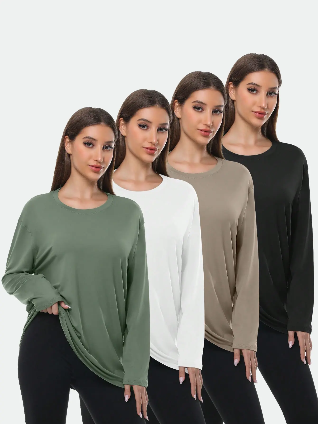 Women's 4-Pack Long Sleeve Oversized Baggy Fit Workout Tops, Plus Size Active Sports T-Shirt, Machine Washable Everyday Active Gym Tees, T Shirts For Women, Fitness For Everyone, M