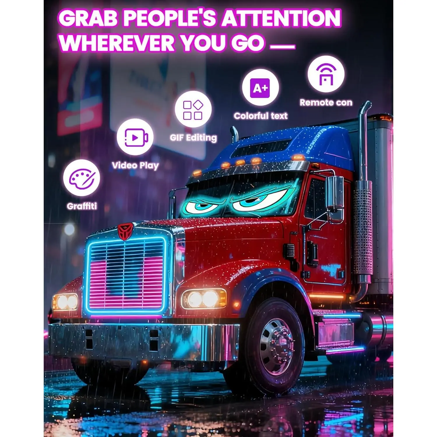 23x5 Inch-2PCS PU Material Devil Eyes Animated LED Signs, App-Controlled Car Decorations with Custom Text Graphics, Dual Sync Dual Screen Windshield Lights for Cars/SUVs,Trucks, 23"X5"