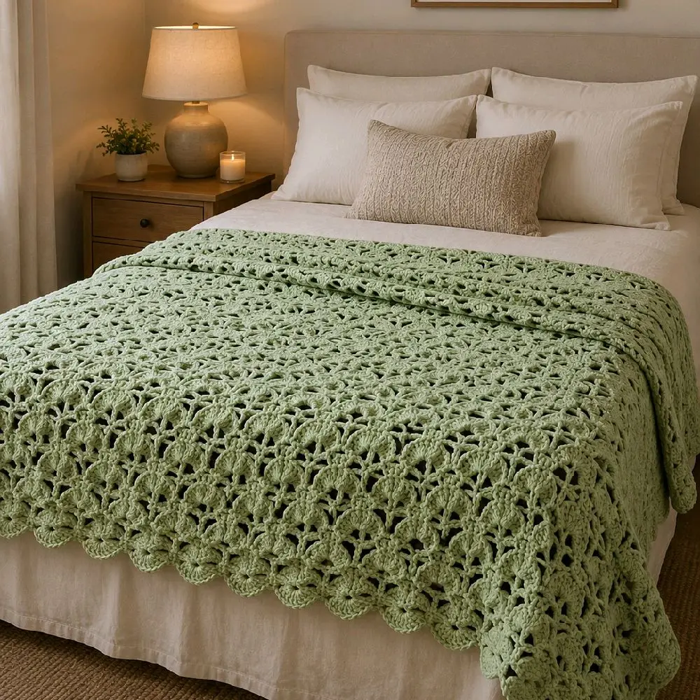 edHandmade crocheted sage colored tree pattern blanket 51 inches by 53 inches