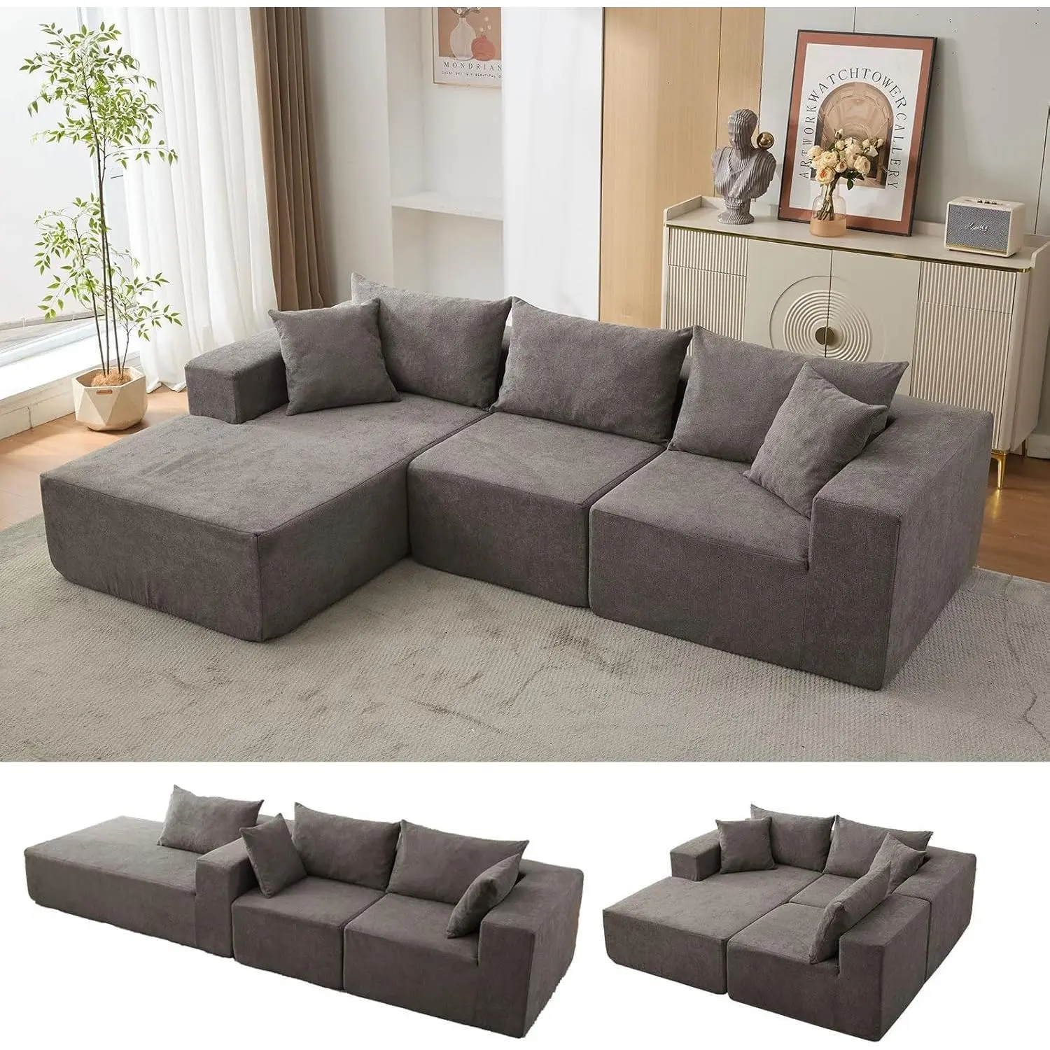 Garvee 108in Lazy Cloud L-Shaped Cozy Sofa - Customizable Boneless Modular Couch with Chaise, No Assembly, Beige, Left/Right Facing, Hardware, 106.3"d x 67.32"w x 23.62"h Living Room Furniture