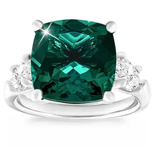 7.55Ct Green Cushion Emerald & Marquise Three Stone Ring 14k Gold lab Grown