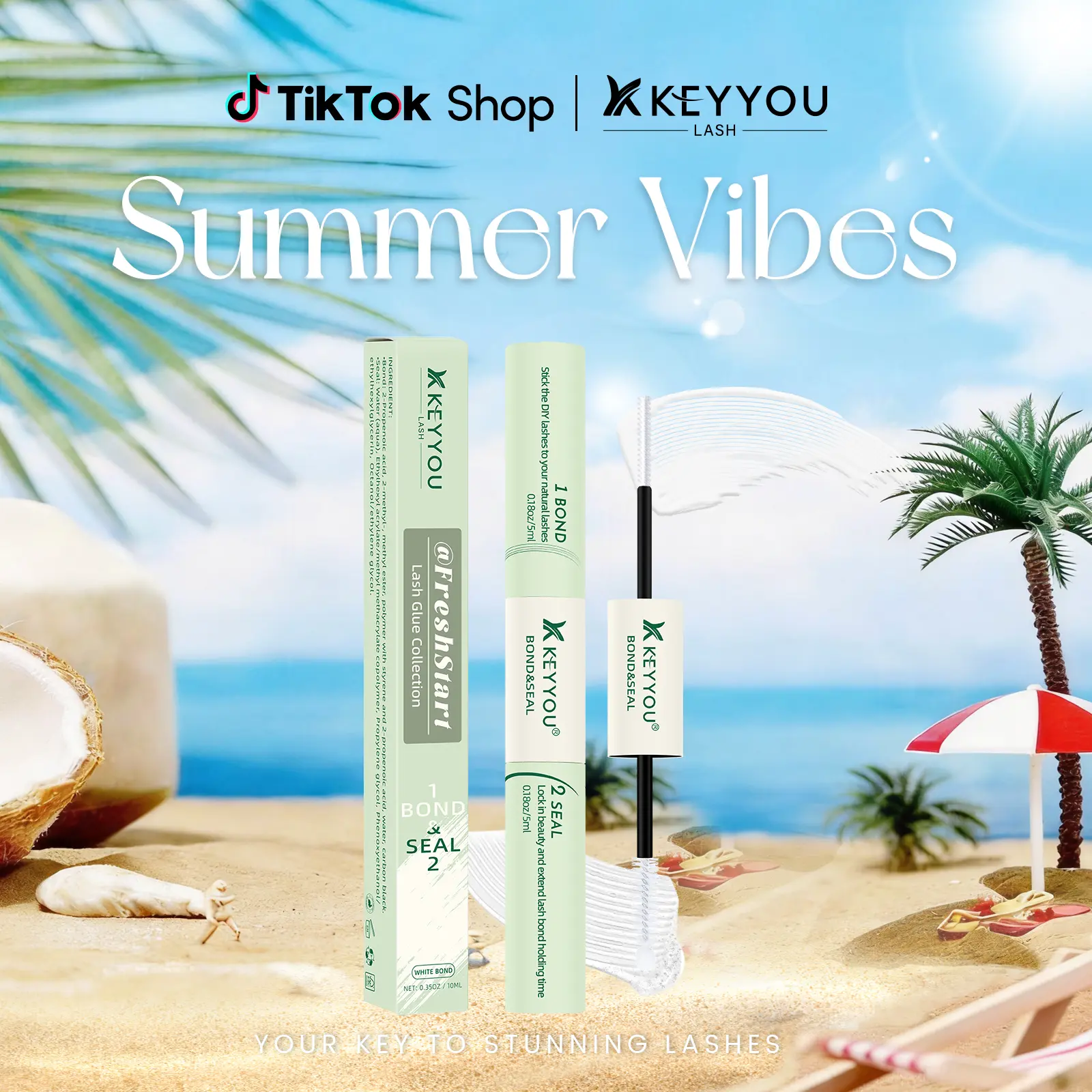 KEYYOU Lash Bond & Seal 10ML Waterproof Cluster Lash Glue with Mascara Brush for Eyelash Extensions Strong Gentle Lash Cluster Glue Latex-Free