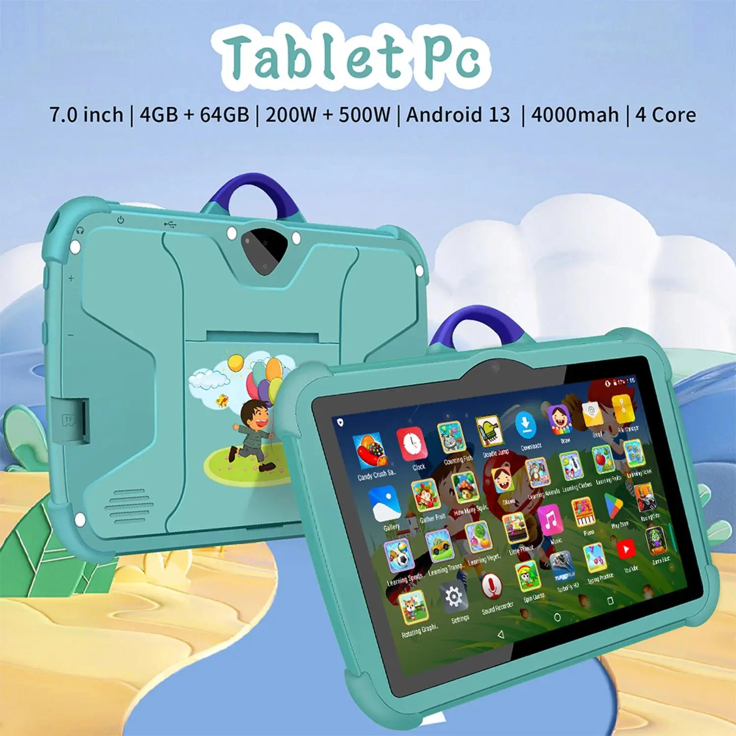 2026 New 7-Inch Kids' Educational Study & Gaming Tablet Device, Quad-Core, 4GB RAM, 64GB ROM, Bluetooth, Dual Cameras, Android 13.0 Tablet PC