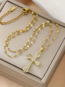 Fashion Stainless Steel Cross Pendant Necklace with Cubic Zirconia, Stunning Seasonal Jewelry for Women, Perfect Gift for Birthdays & Anniversaries, Cross Necklaces