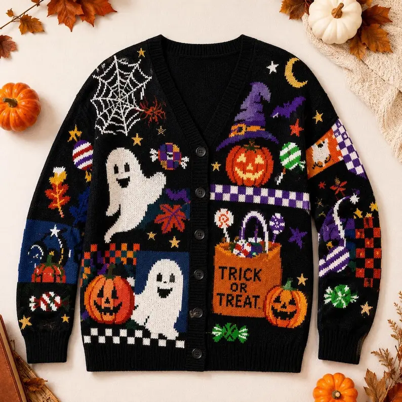 Trick Or Treat Halloween Cardigan, Pumpkin Knit Cardigan, Retro Pumpkin Cardigan, Fall Holiday Sweatshirt Daniel