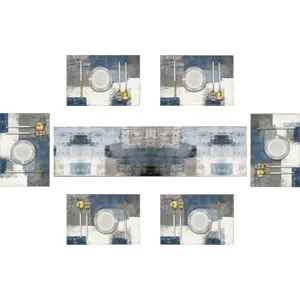 Farmhouse Table Runner and Placemats Set of 6, Cotton-Linen Abstract Blue and Grey Painting Art Dining Table Decor for Daily Use(1 Table Runner 72 inches Long and 6 Placemats)