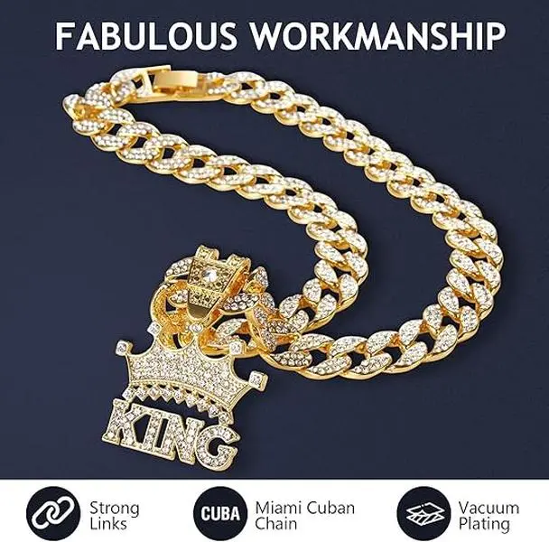 Miami Cuban Link Chain for Men, Gold/Silver Plated Diamond Necklace, Iced Out Hip Hop Jewelry Gift，Fully Diamond-Encrusted Crown KING Letter,Bling Rhinestone Necklace Diamond Chain Jewelry For Men，men's accessories