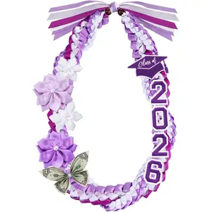 50'' 2026 Graduation Lei Double Braided Strands Graduation Ribbon Leis with 4 Satin Flowers Congrats Graduates Money Leis Class of 2026 Gift for Men Women