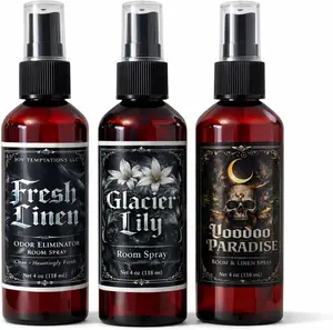 Room Spray 3 Pack – Odor Eliminator for Home & Fabrics, Fresh Linen, Glacier Lily & Voodoo Paradise Scents, Long-Lasting Air & Linen Spray, Non-Toxic Deodorizer – 4 oz Each (Soy Temptations)