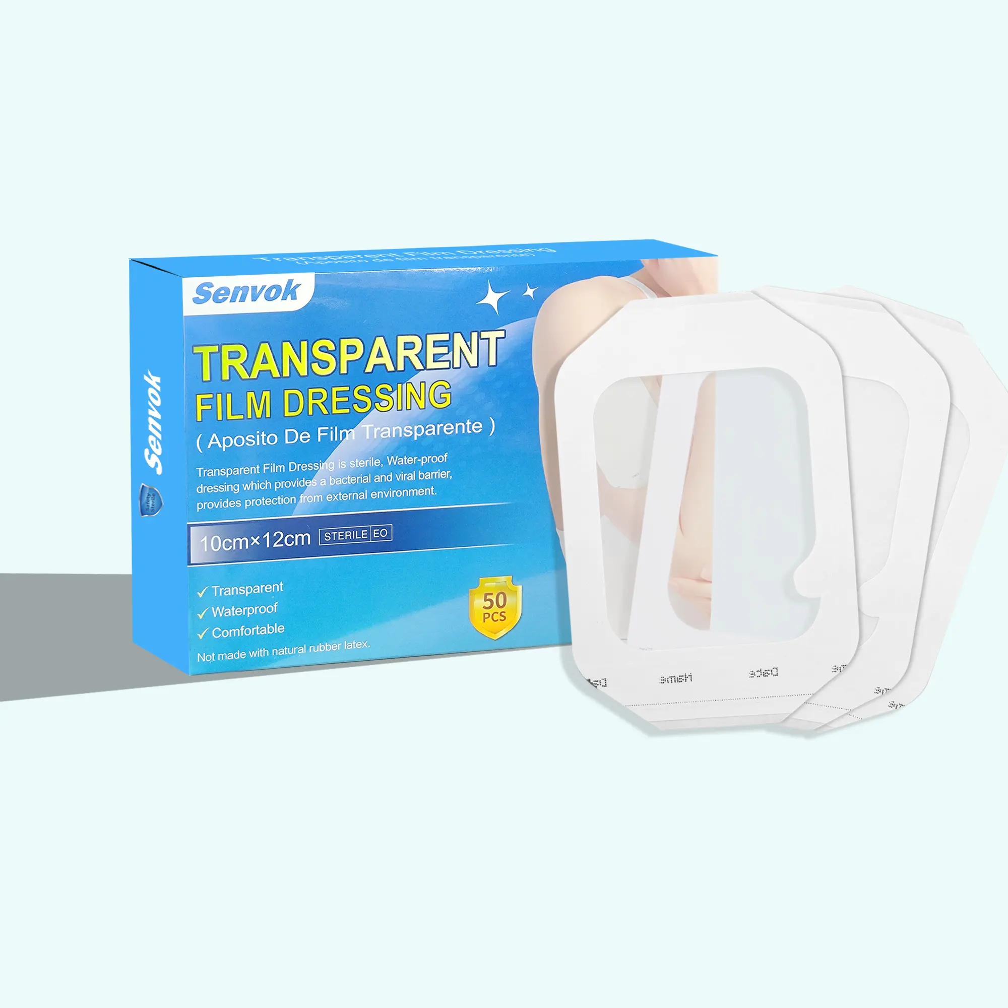 Senvok Sterile Transparent Film Dressing Multi-Pack (50 Packs, 10cm x 12cm) – Waterproof Adhesive Bandage Wrap, Hypoallergenic Medical Supplies for Wound Care, IV Catheter Fixation Wound Care Supplies, Bandages For Wounds, Tattoo Aftercare
